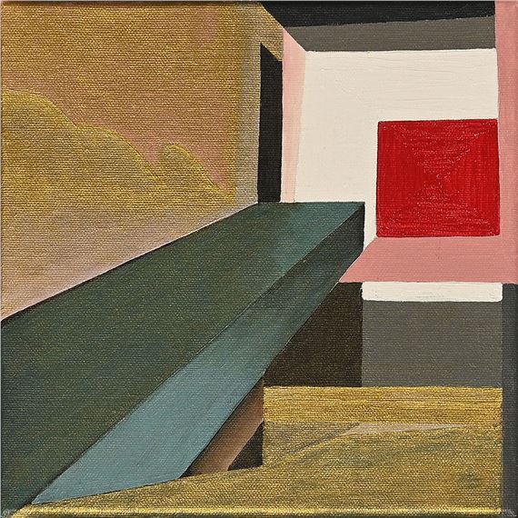 A geometric composition featuring a floating green block and a red square against a textured background.