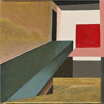 A geometric composition featuring a floating green block and a red square against a textured background.