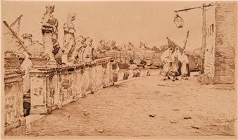 A sepia-toned sketch of a bridge with figures and statues, rendered in detailed hatching.