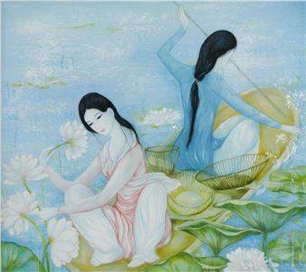 A painting of two women sitting on a lotus flower in a pond.