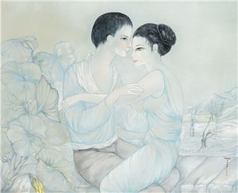 A painting of a man and a woman sitting on a rock.