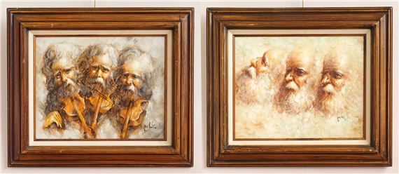 A diptych of two framed portraits featuring three bearded figures in each panel.