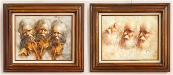 A diptych of two framed portraits featuring three bearded figures in each panel.