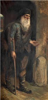A painting of an old man with a long white beard and a cane.