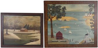 A couple of framed paintings of boats on a lake.