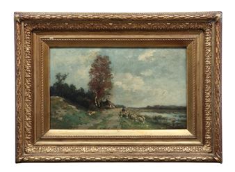 A pastoral landscape painting in an ornate gold frame featuring a lone tree, sheep, and a distant river.