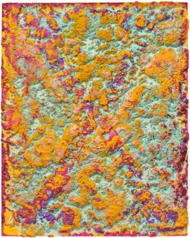 A vibrant, textured abstract composition featuring a chaotic landscape of raised organic forms in bright orange, pink, and mint green.