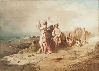 A dramatic coastal scene depicting a group of figures in period clothing standing on a rocky shore with the ocean behind them.