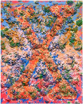 A vibrant, textured abstract composition featuring a chaotic explosion of red, blue, and green.