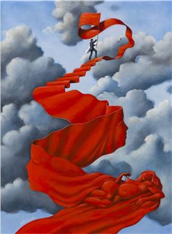 A painting of a man standing on top of a red flag.