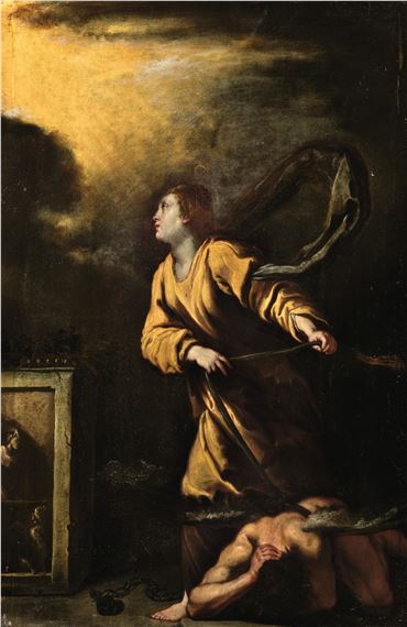 A dramatic Baroque painting depicting a figure in yellow robes holding a sword over a bound, nude figure.