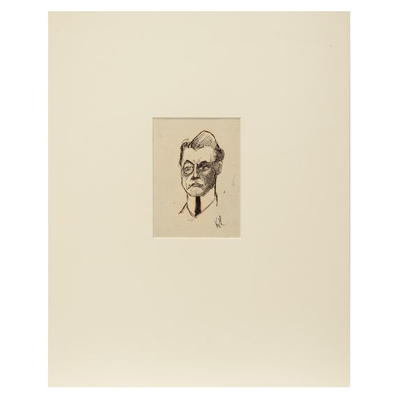 A minimalist sketch of a man's face on a small card, centered on a large blank background.