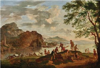 A painting of a group of people on a rocky shore.