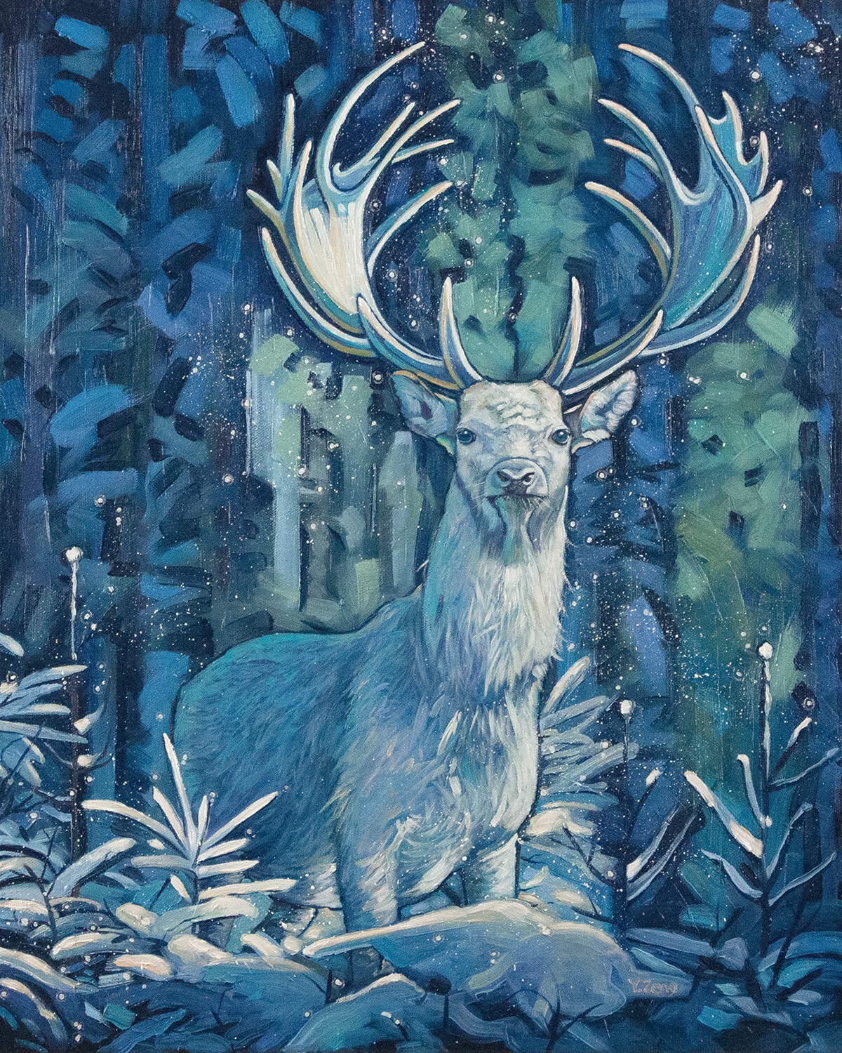 Yue Zeng | Frosty stag, Original artwork oil painting, white stag 16 ...