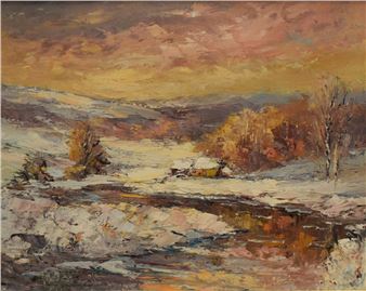 Landscape depicting sundown over a rural river scene in winter - Valter Bezins