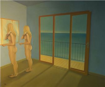 A nude female is repeated brushing her hair in a mirror beside a balcony overlooking the sea - Colin Scott