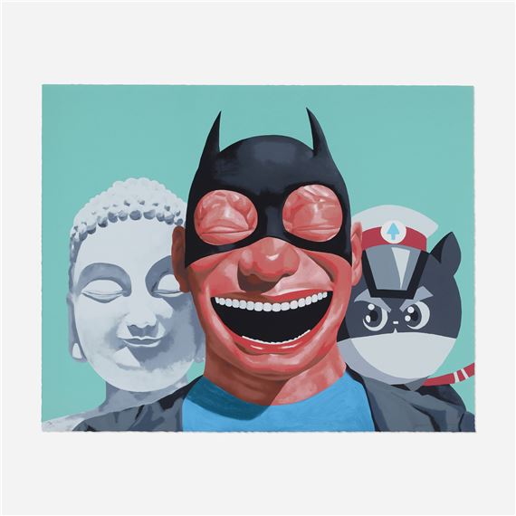A painting of a man with a batman mask and a cat.