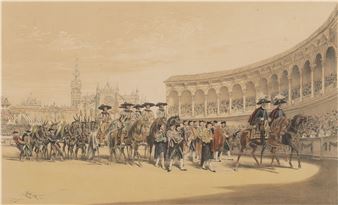 A sepia-toned historical illustration of a formal procession featuring mounted guards and civilians in front of an ornate arcade.