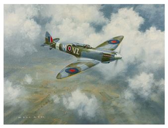 A painting of a fighter plane flying through the sky.