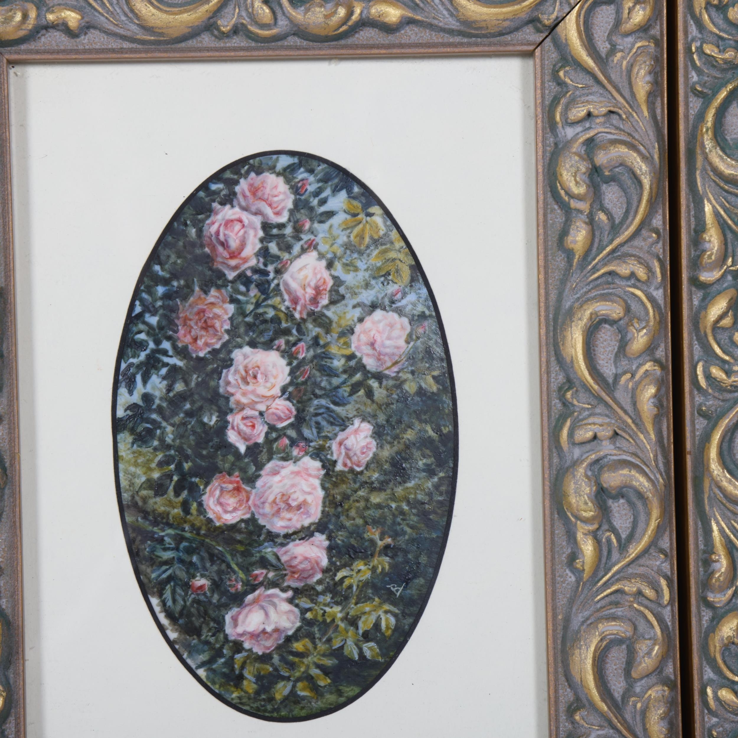 A set of three framed botanical and landscape prints arranged in a triangular composition.