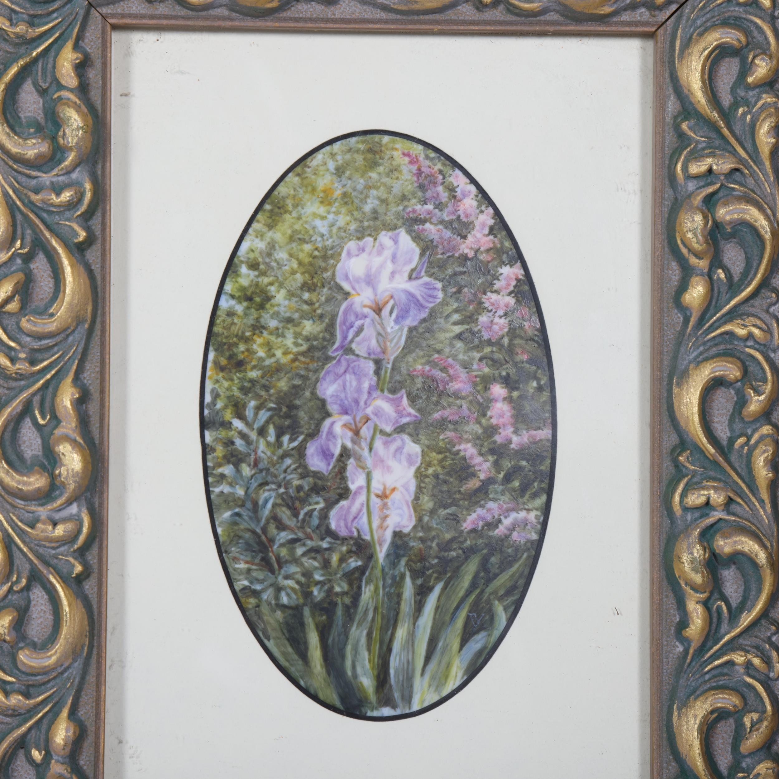 A set of three framed botanical and landscape prints arranged in a triangular composition.