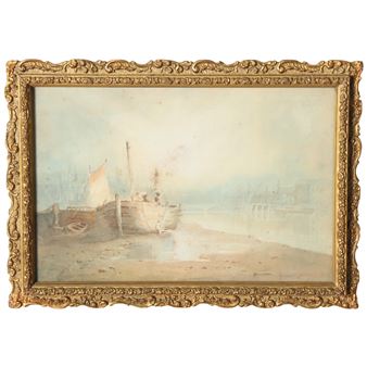 A serene maritime scene featuring a beached boat under a hazy sky, framed in ornate gold.