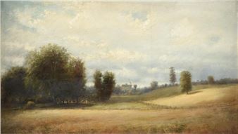 "A serene landscape painting of a rolling countryside with distant trees and a building under a cloudy sky.",