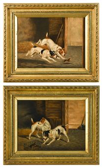 A pair of framed paintings depicting dogs in a rustic barn setting.