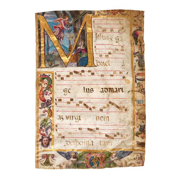 A page from a medieval manuscript with the letter M on it.