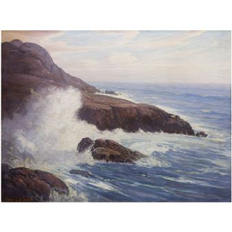 "A dramatic seascape painting of a rugged coastline where crashing waves hit dark rocky cliffs under a soft, cloudy sky."