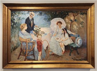 A pastoral scene of a family picnic in a garden, rendered in soft Impressionist brushstrokes.