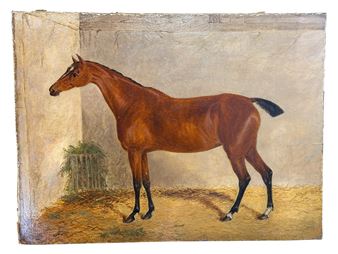 A full-length painting of a brown horse standing in an indoor stable.
