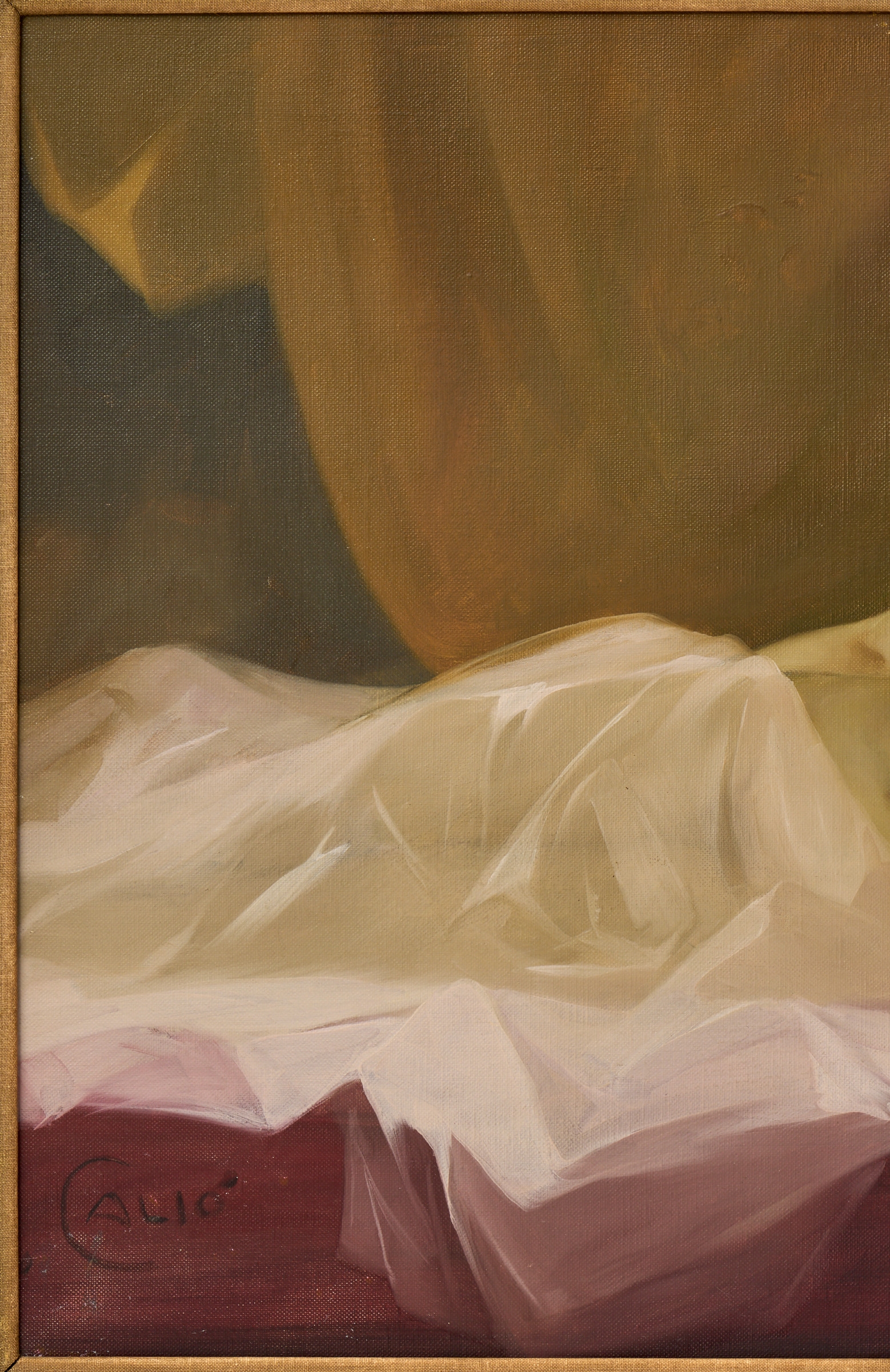 A classical oil painting of a reclining nude figure in a bed, framed in ornate gold.