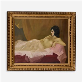 A classical oil painting of a reclining nude figure in a bed, framed in ornate gold.