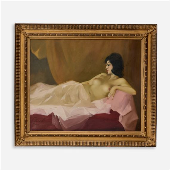 A classical oil painting of a reclining nude figure in a bed, framed in ornate gold.