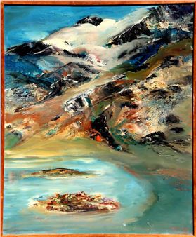 A vibrant oil painting of a mountainous landscape with a river and rocky islands.