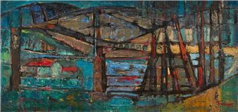 A vibrant, abstract landscape painting featuring a bridge over water with bold colors and expressive brushwork.