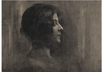 A monochromatic charcoal portrait of a figure in profile against a textured background.