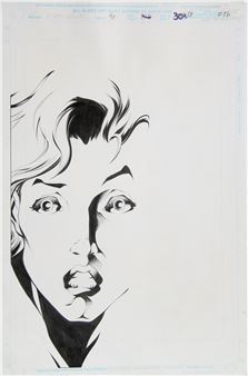 A black and white drawing of a woman's face.