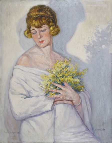 A soft, pastel portrait of a woman holding a bouquet of yellow flowers.