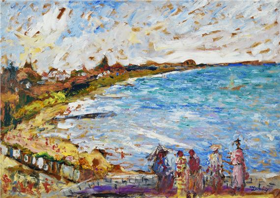 A vibrant impressionist seascape featuring a group of figures on a beach under a dramatic sky.
