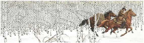 a painting of two people riding horses in the snow