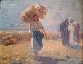 A painting of a woman carrying a basket on her head.