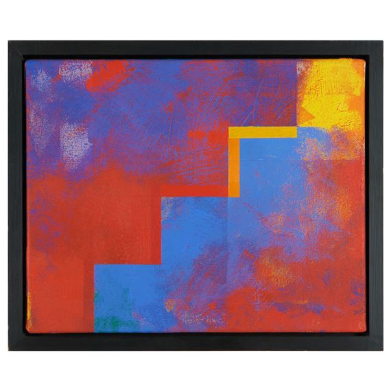 A vibrant abstract composition featuring bold geometric shapes and textured color fields.
