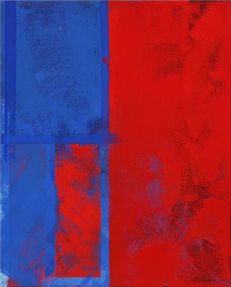 A bold abstract composition featuring a vertical split of deep blue and vibrant red with layered geometric shapes.