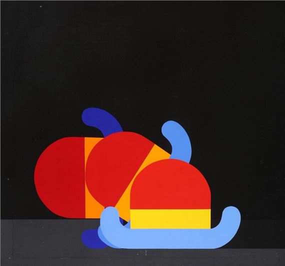 A bold abstract composition featuring stacked geometric shapes in red, yellow, and blue against a dark background.