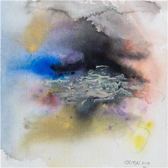 A watercolor painting of a cloudy sky with a boat in the water.