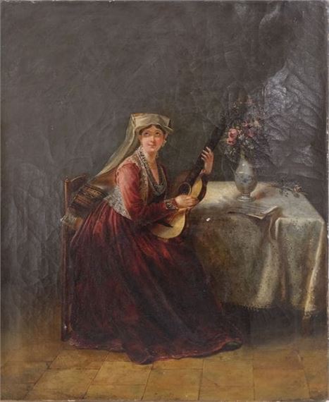 Woman with guitar by French School, 19th Century, 19th century