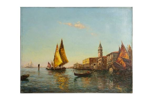 A serene waterway scene with sailing vessels and historic buildings under a soft sky.