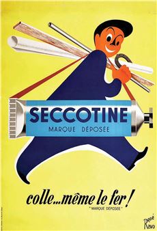 A vibrant graphic advertisement featuring a stylized figure carrying tools and a large tube, set against a bright yellow background.